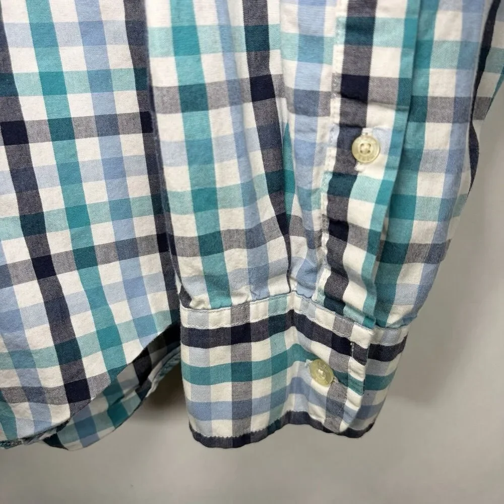 J.Crew Button Down Shirt Mens Large Blue Teal Black Gingham Check Long Sleeve